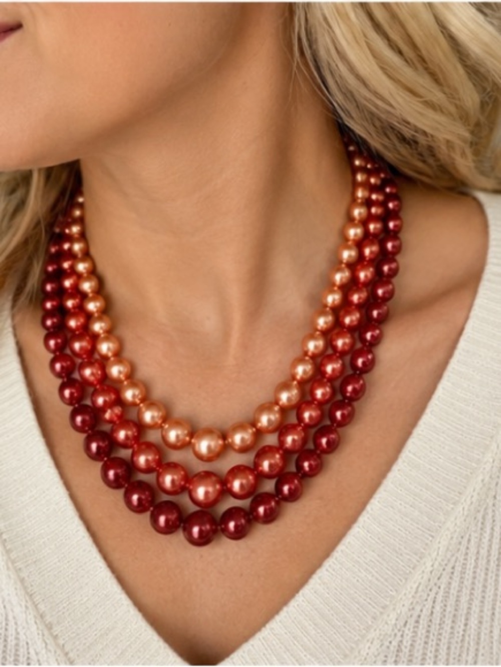 Vintage 3 Strand Graduated Faux Pearl Necklace Coral Red Salmon 16” Statement